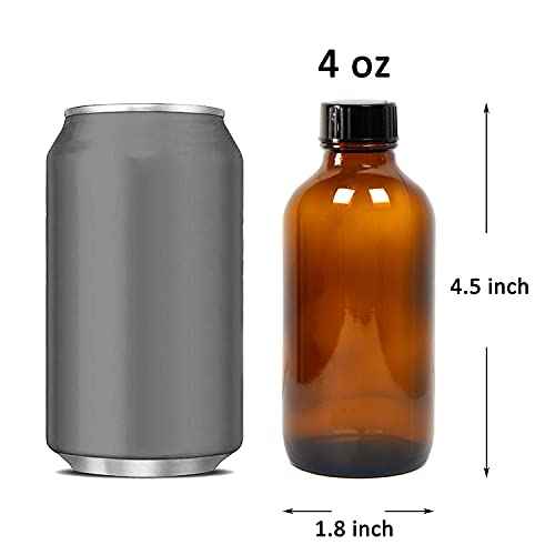 Youngever 12 Pack Empty Glass Bottles with Lids, Amber Glass Tight Seal Lids, Refillable Container for Essential Oils, Vanilla Extract and More (4 Ounce)