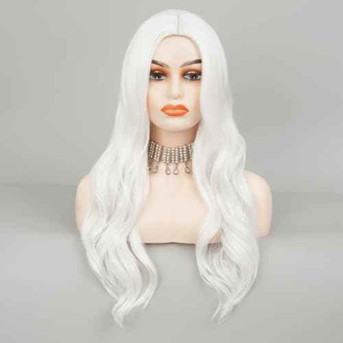 White Cosplay Wigs for Women Long Curly Wavy Middle Part Wig Heat Resistant Fibre Hair Wig for Halloween Costume Party Use