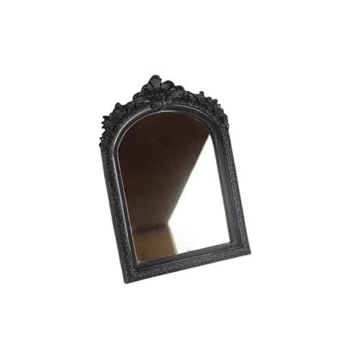 Hand-Carved Black Vanity Mirror - Vintage Resin Arch Makeup Mirror with Adjustable Stand, 10.2x7 Inch HD Glass for Dresser, Travel & Gothic Home Decor