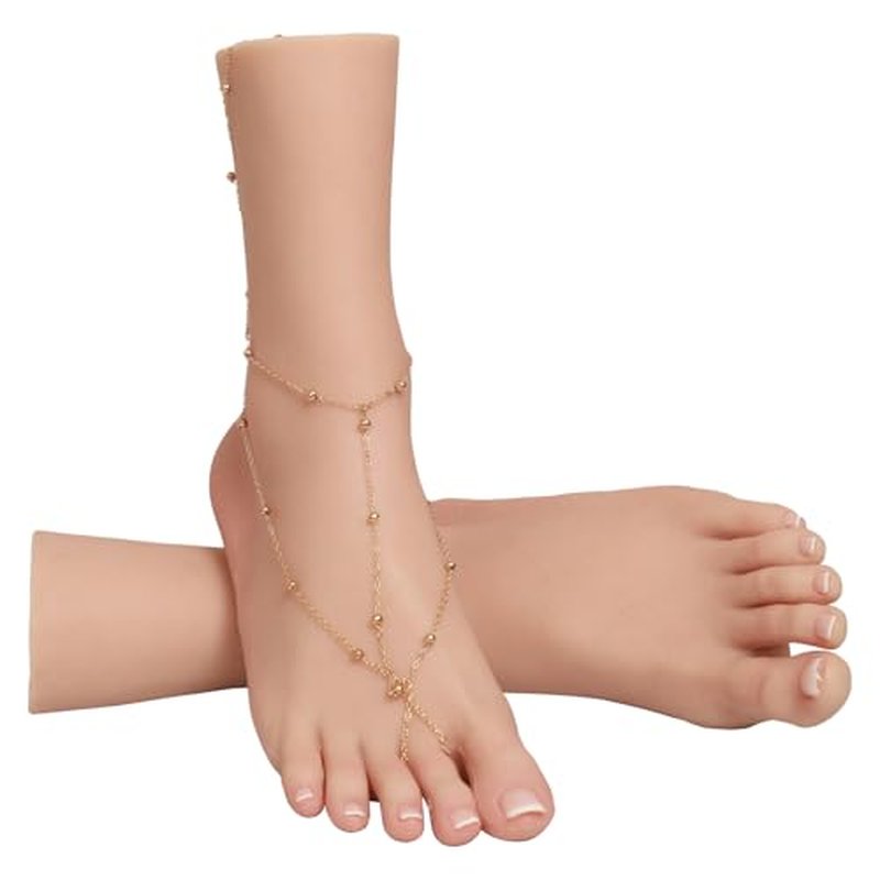 Realistic Silicone Female Model Feet Life Size Jewelry Display Tattoo Practice Art Collection with Nails (Left foot-with skeleton, Brown)