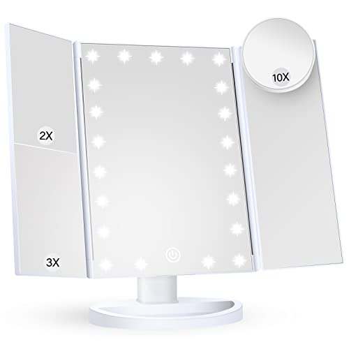 HUONUL Makeup Mirror Vanity Mirror with Lights, 2X, 3X, 10X Magnification, Touch Control, Trifold, White, 9.4" L x 13.4" W, Modern Style, Dresser Mount, Bathroom