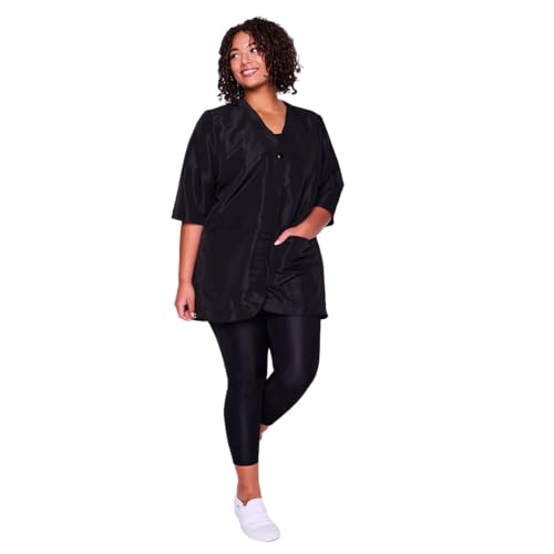 Betty Dain A Size Above Plus Size Salon Stylist Jacket, Cut for Curves, Three-quarter Length Sleeves, Button Down Front, Two Lower Front Pockets, Lightweight, Water Resistant Nylon/Poly, Black, 3X