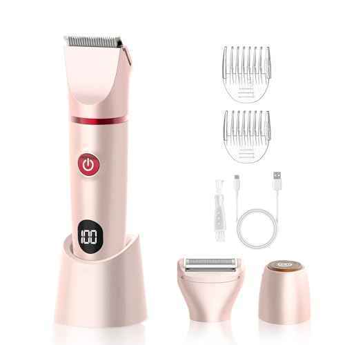 3-in-1 Bikini Trimmer for Women, Electric Razors Shaver for Public Hair - Rechargeable Body Hair Trimmer, Portable Detachable Removal Kit, lPX7 Waterproof Lightweight with LED Display, Gift for Women