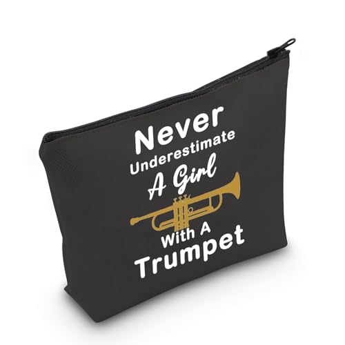 LELVO Funny Trumpet Gift Never Underestimate A Girl With A Trumpet Makeup Bags Trumpet Lovers Zipper Pouch (Girl With A Trumpet+black)