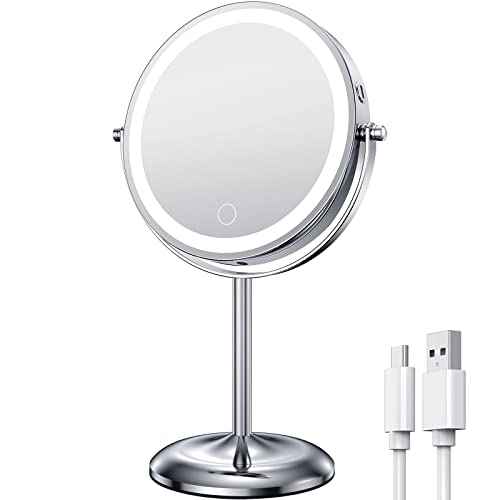 Gospire 7" Lighted Makeup Mirror with Magnification 10X/1X, Rechargeable Cordless Stepless Dimming LED Lights, 360¡Æ Swivel Magnifying Cosmetic Vanity Standing Mirror for Dresser, Bathroom