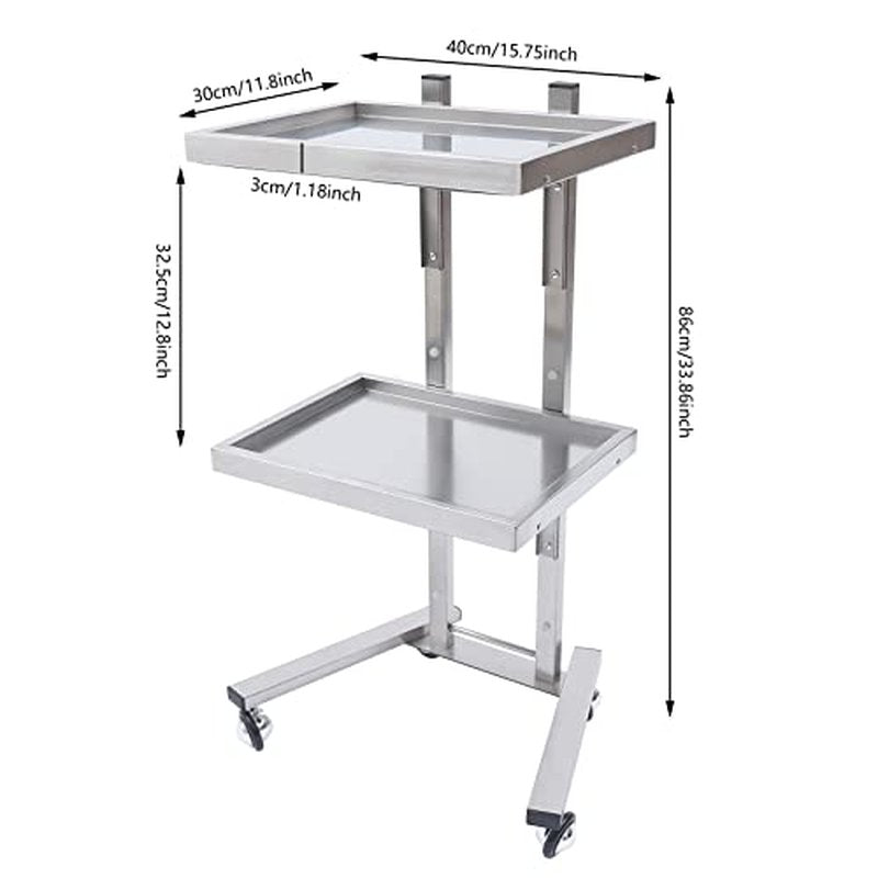 2 Tier Metal Rolling Cart, Stainless Steel Salon Tray with Wheels, Foldable Utility Carts, Folding Salon Tray Trolley, Rolling Tray Salon Trolley for Tattoo (Silver)