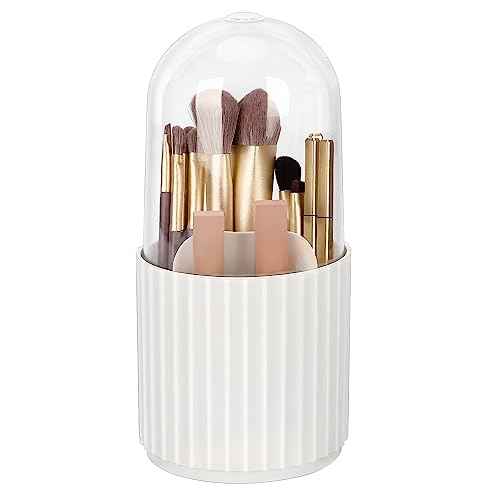 JessLab Makeup Brush Holder Organizer with Lid, 360 Degree Rotatable Makeup Brush Organizer Spinning Cosmetics Holders Brush Storage Box Display for Bathroom Vanity Countertop, White