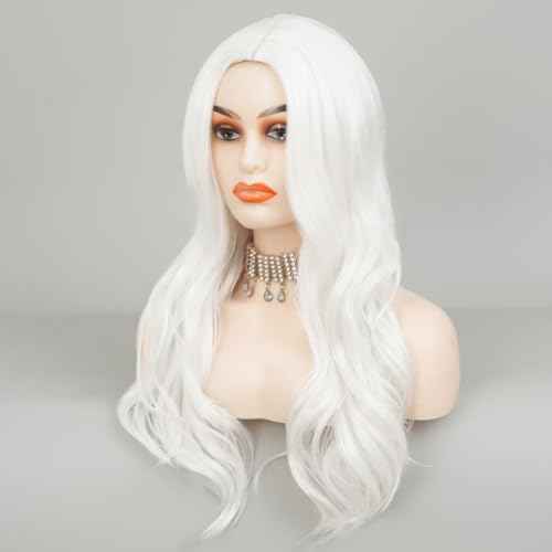 White Cosplay Wigs for Women Long Curly Wavy Middle Part Wig Heat Resistant Fibre Hair Wig for Halloween Costume Party Use