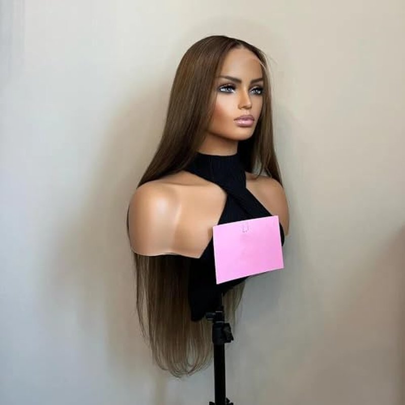20'' Chocolate Brown Silky Straight Lace Front Wig with Dark Roots Glueless Pre plucked Bleached Knots Ombre Lace Front Wigs Human Hair Auburn Transparent HD Lace Wigs with Baby Hair for Black Women
