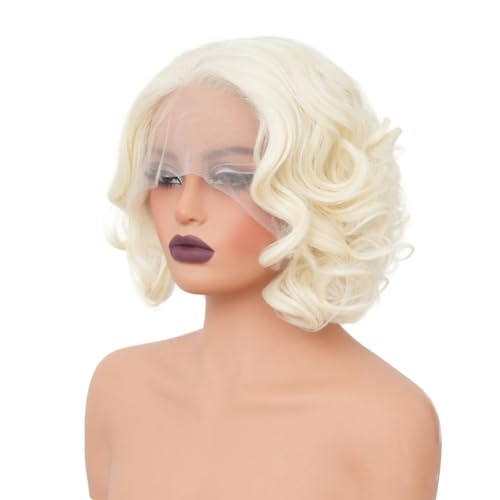 Blonde Short Curly Lace Front Wig for Women Platinum Synthetic Hair Natural Hairline Wigs for Cosplay Daily Party Use
