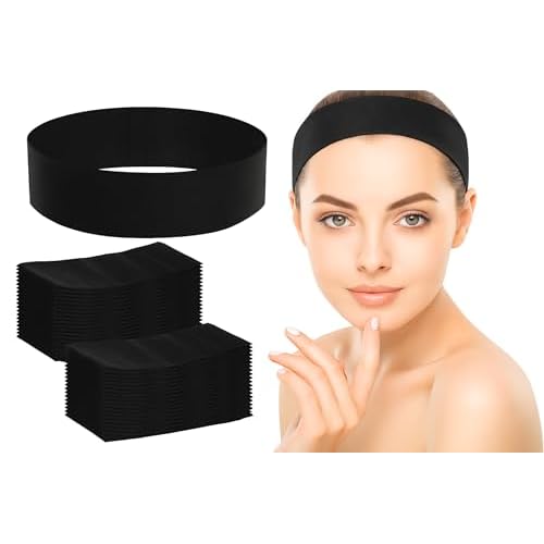 WILLBOND 200 Pieces Disposable Spa Facial Headbands Stretch Non Woven Facial Headband Skin Care Hair Band with Soft Convenient Closure for Women Salons(Black)