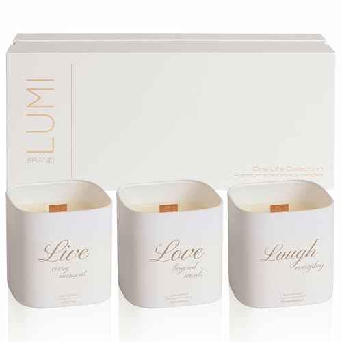 Set of 3 Scented Soy Candles Gift Set | One Life Collection | Orange Blossom, White Tea and White Bloom | Crackling Wood Wick | 50+ HR Burn, 9.8oz Each | Luxury Soy Candle Gift for Women & Home