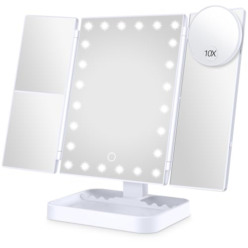 Wireless Rechargeable Lighted Makeup Mirror with 3 Color Lighting, 2000mAh Rechargeable Battery, 10x 3X 2X Magnification, 24 LED, 360 Degree Rotation, Gift for Woman (White)