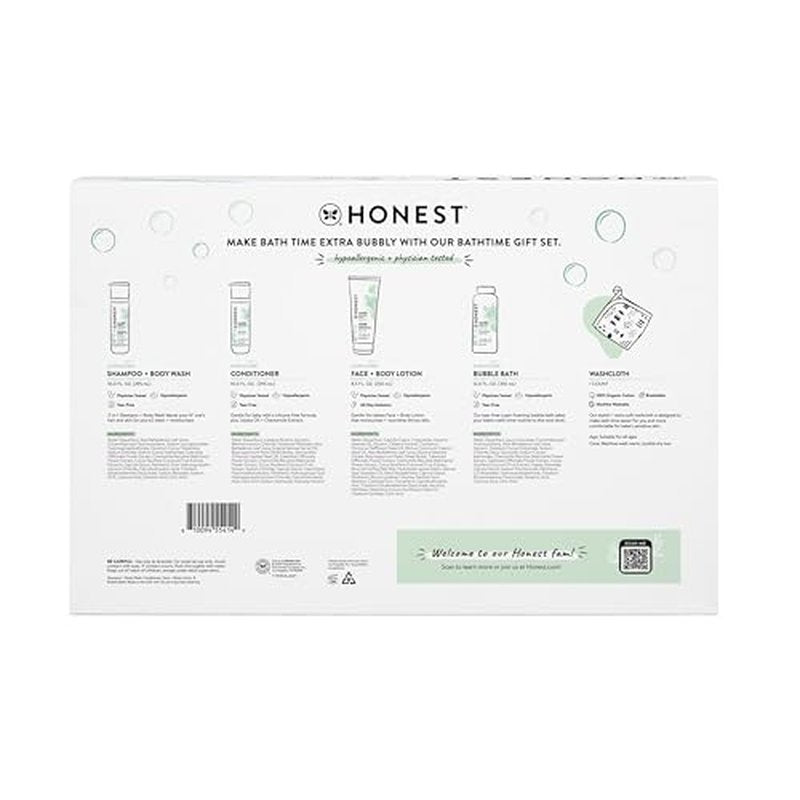 The Honest Company Fragrance Free Bathtime Gift Set | Hypoallergenic Bath Essentials for Sensitive Skin | Shampoo + Body Wash, Face + Body Lotion, Bubble Bath, Conditioner, Wash Cloth