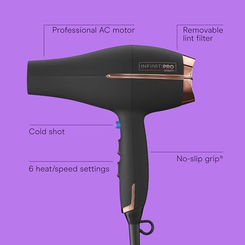 INFINITI PRO by CONAIR Hair Dryer, 1875W Blow Dryer with Diffuser and Concentrator, Ceramic Technology, 3 Heat & 2 Speed Settings, Cold Shot Button, Black