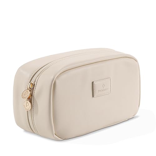 Pocmimut Makeup Bag,2 Pack Open Flat Small Makeup Pouch with Large Cosmetic Bag Travel Essentials Organizer with Divider,Beige