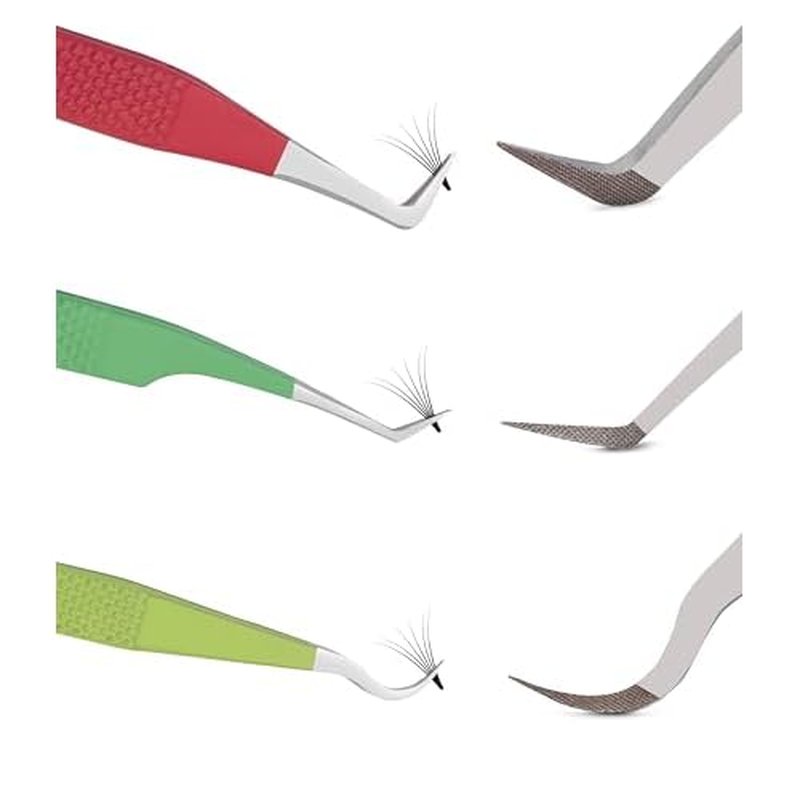 SIVOTE Lash Tweezers for Eyelash Extensions Fiber Tips, Set of 3, 45 Degree, Curved, Volume Boot, Dark Green Red Green