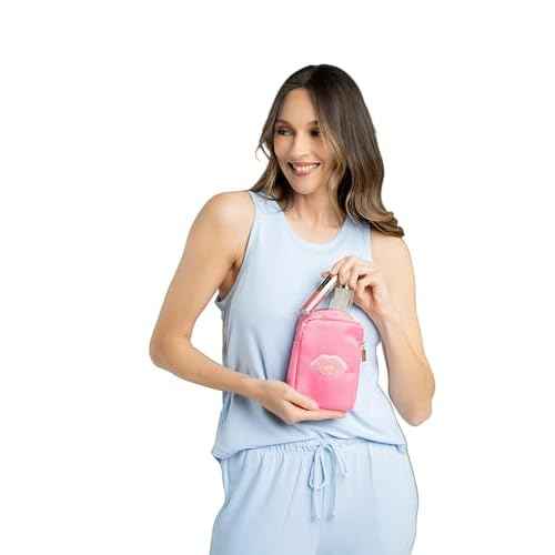 BLOC Bags Travel Makeup Bag, Cosmetic Bags for Women, Mini Makeup Bag, Cute Toiletry Bag, Beauty Bag with Chenille Patch, with Inside Zipper Pouch and Mesh Pockets (Lipstick, Black)