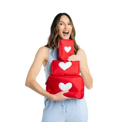 BLOC Bags Travel Makeup Bag, Cosmetic Bags for Women, Mini Makeup Bag, Cute Toiletry Bag, Beauty Bag with Chenille Patch, with Inside Zipper Pouch and Mesh Pockets (Lipstick, Black)