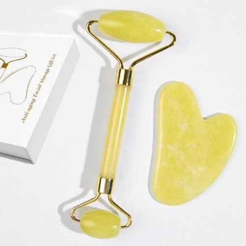 Natural Jade Roller & Gua Sha Set, Self Care Colorful Gift for Face Eye Neck Massager for Women Men, Jade Gua Sha Tool for Face for Skin Care, Improves Skin Tone-Beauty & Skincare (Yellow)