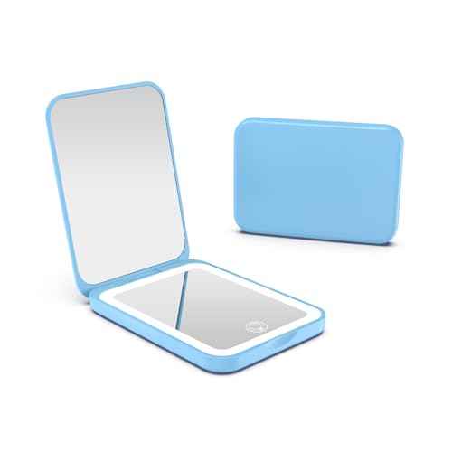 Kintion 2025 Pocket Mirror, Rechargeable Dimmable 3 Color Lighting 1X/3X LED Compact Travel Makeup Mirror for Purse, Portable, Folding, Handheld, Small Lighted Mirror for Women Gift, Blue