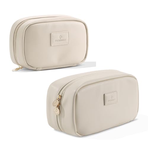 Pocmimut Makeup Bag,2 Pack Open Flat Small Makeup Pouch with Large Cosmetic Bag Travel Essentials Organizer with Divider,Beige