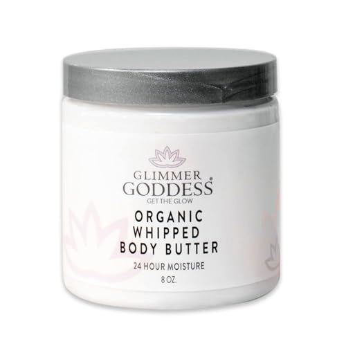 Glimmer Goddess Organic Whipped Body Butter for Women - Moisturizer Cream with Shea & Cocoa Butter, Almonds & Coconut Oil - Unscented, 8oz