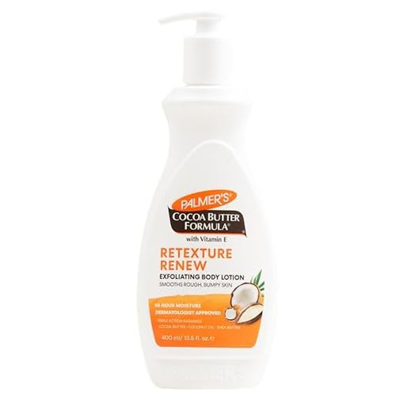 Palmer's Cocoa Butter Formula Retexture & Renew Exfoliating Body Lotion for Rough & Bumpy Skin, Triple Action Moisturizers + AHAs, Pump Bottle, 13.5 Ounce