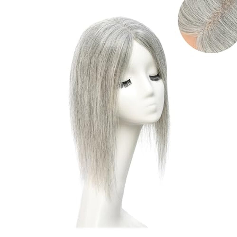 viviaBella Human Hair Hand-tied Swiss Lace Base HairToppers Natural Looking no Bangs, Clip in Real Human HairToupee for Women with Thinning Hair 4.3"X4.7" Big Coverage 12 Inch Hairpieces (Pepper Salt)