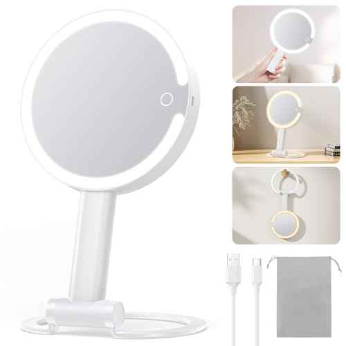 Gospire Magnifying Travel Makeup Mirror with Light 10X 1X Magnifition 2-Sided Lighted Vanity Mirror Rechargeable 3 in 1 Hand Held Desk Hanging, 3 Color Dimmable Lights, White