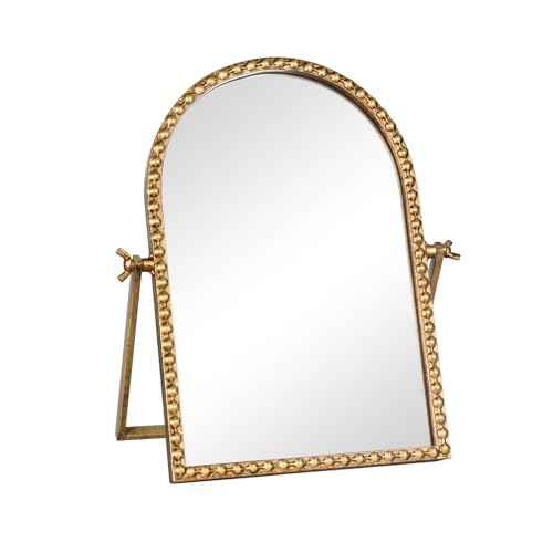 Vintage Desk Makeup Mirror, 11.8" L x 7.9" W Antique Gold Vanity Table Mirror, Metal Framed Arched Small Standing Mirror with Beaded, 360 Adjustable Rotation for Tabletop, Bedroom