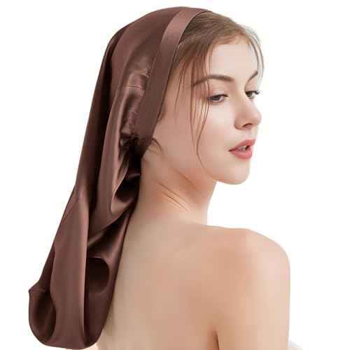 19 Momme 100% Mulberry Silk Cap for Sleeping Women,Adjustable Long Silk Bonnet for Curly Hair Elastic Night Cap
