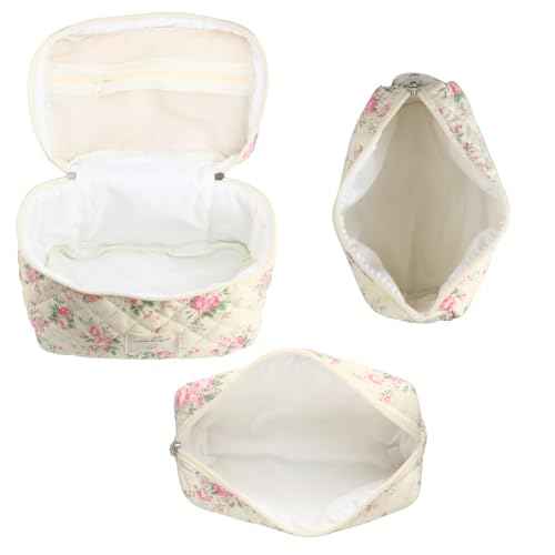 Cute Makeup Bag for Women(3 Pcs), Quilted Floral Coquette Aesthetic Make up Bags, Travel Cosmetic Bags Toiletry Organizer Bag(Pink Flower)