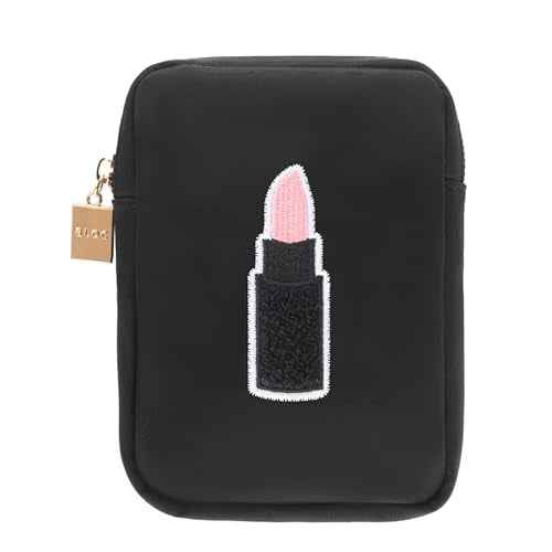 BLOC Bags Travel Makeup Bag, Cosmetic Bags for Women, Mini Makeup Bag, Cute Toiletry Bag, Beauty Bag with Chenille Patch, with Inside Zipper Pouch and Mesh Pockets (Lipstick, Black)