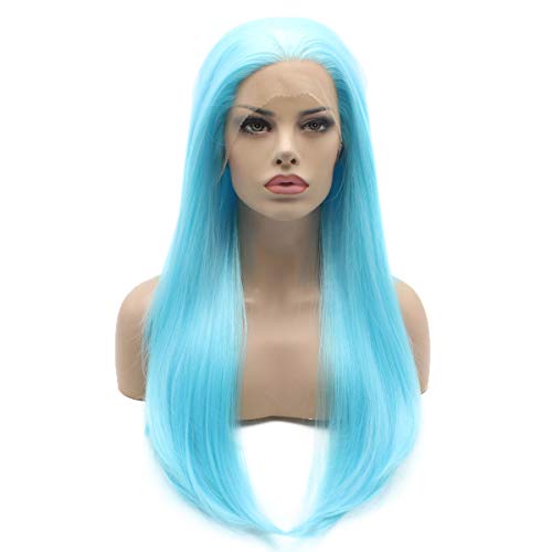 Lushy Straight Long Light Blue Wig Half Hand Tied Heat Resistant Heavy Density Synthetic Lace Front Wig