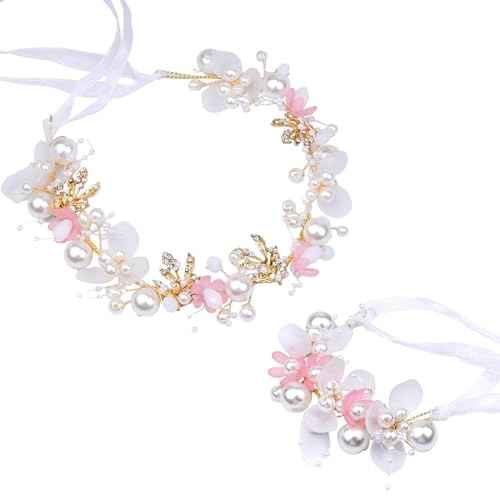 LAPOHI 2 Pieces Wedding Flower Headpieces for Girls, Flower Girl Hair Accessories for Wedding Rhinestones Flower Headband Fairy Pearl Flower Crown for Girls Bridal Crystal Flower Tiara for Women