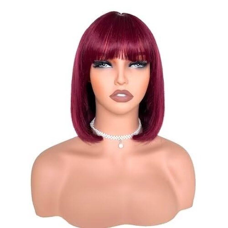 Bob Wig with Bangs - Glueless Human Hair Straight Layered Bob | 10-Inch 99J Color