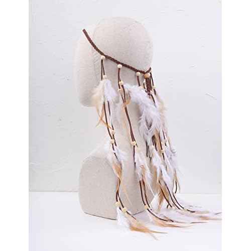 Jumwrit Bohemian Feather Headband Indian Gypsy Headpiece with White and Brown Feather Tassel Adjustable Braided Rope Beaded Hairband Hippie Accessories for Women and Girls