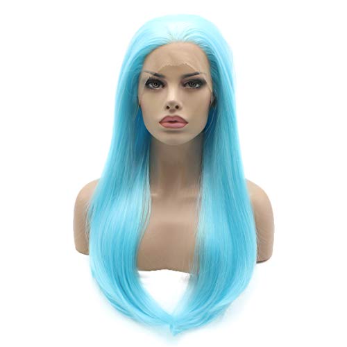 Lushy Straight Long Light Blue Wig Half Hand Tied Heat Resistant Heavy Density Synthetic Lace Front Wig