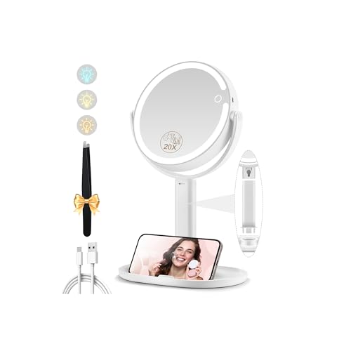 Makeup Mirror with Lights, Double Sided 1x/20x Magnifying Mirror with Light, Rechargeable 3 Color Lights and Adjustable Brightness, 360¡Æ Rotation Detachable Comes with Tweezer(White)