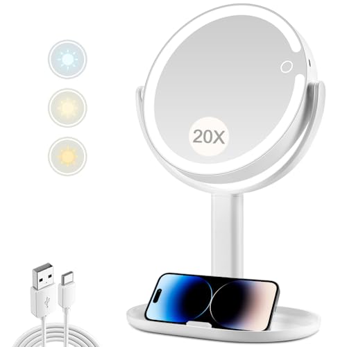 Makeup Mirror with Lights,20X Magnifying Mirror with Light and Touch Switch,Vanity Mirror with 3 Color Light and 80 LEDs,2-Sided Lighted Magnified Mirror 8.8 Inches