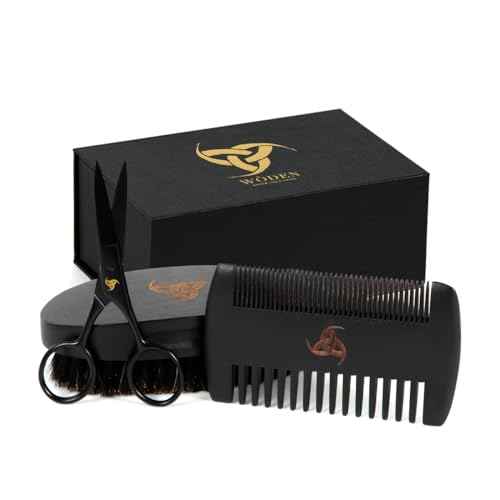 Woden Beard Maintenance Kit - Premium Luxury Black Beard Brush and Comb Gift Set | Mustache and Beard Scissors, Boar Bristle Beard Brush, Fine-Tooth Pearwood Beard Comb, Travel Bag and Gift Box