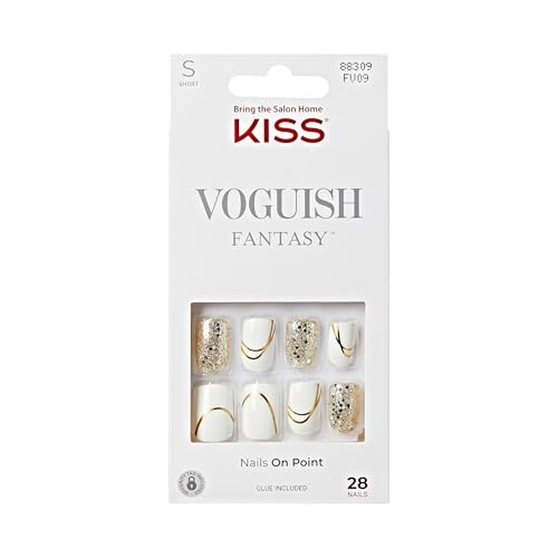 KISS Voguish Fantasy, Press On Nails, Nail glue included, 'Glam and Glow', White, Short Size, Squoval Shape, Includes 28 Nails, 2g glue, 1 Manicure Stick, 1 Mini File