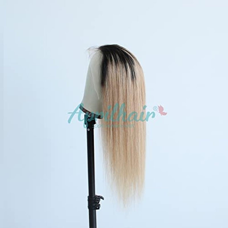 Pre-plucked Ombre #1B/27 Dark Root Honey Blonde Ear To Ear Lace Front Wigs Straight Glueless 150% Density Brazilian Virgin Human Hair With Baby Hair Full (16" inch, Lace Front Wig Straight)