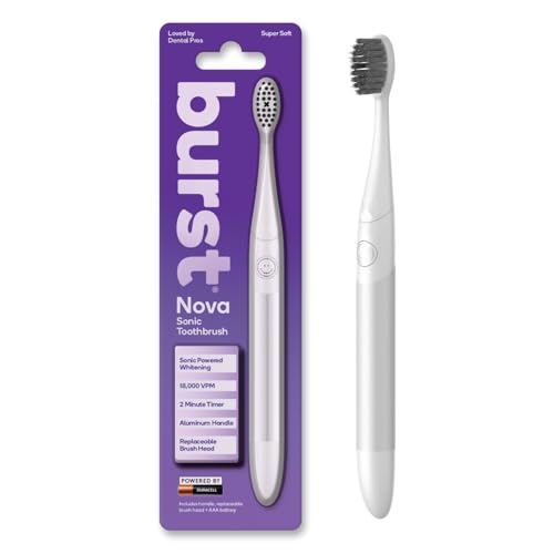 Burst Nova Toothbrush (White) | Sonic Powered Teeth Whitening | Super-Soft Bristles | 18000 VPM | 2 Minute Timer | Aluminum Handle | Replaceable Brush Head | Compact Size | with AAA Battery