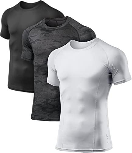 ATHLIO Men's Cool Dry Short Sleeve Compression Shirts, Sports Baselayer T-Shirts Tops, Athletic Workout Shirt, 3pack Tops Black/Urban Camo Black/White, Medium