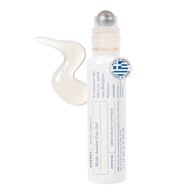 KORRES Greek Yoghurt Wide Awake Eye Gel Serum with Hyaluronic Acid and Caffeine for Dark Circles, Puffy Eyes and Under Eye Bags, Roller Massage Ball Applicator, Brightening and Hydrating, 0.51 fl oz