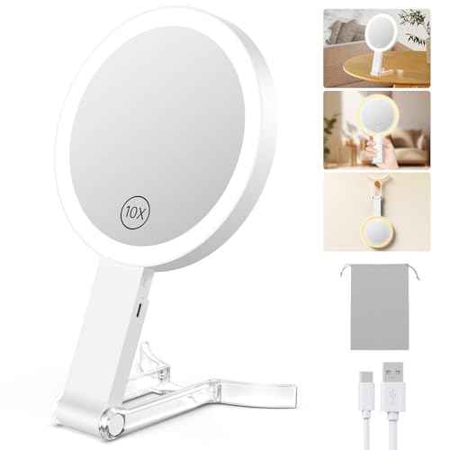 Benbilry Lighted Makeup Vanity Mirror, 10X Magnifying Mirror with Light 3 Colors, Adjustable Brightness & Stand, Tabletop & Hanging, 3 in 1 Portable Type-C Rechargeable, White