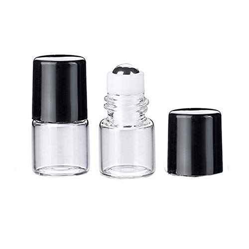 Essential Oils Roller Bottles - 50Pcs 2ml (5/8 Dram) DIY Mini Refillable Travel Glass Roll On Bottles Perfumes Aromatherapy Cosmetic Sample Vials Jar Containers, 1Pc 3ml Dropper (Clear, Black Cap)