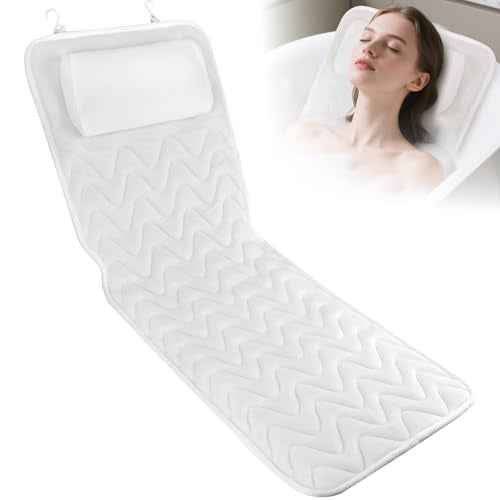 Full Body Bath Pillow for Tub, Soft Bathtub Pillow for Neck and Back Support, Washable 4D Mesh Bathtub Cushion with 11 Non-Slip Suction Cups, White